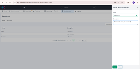Creating a new department in Xcalious ERP.