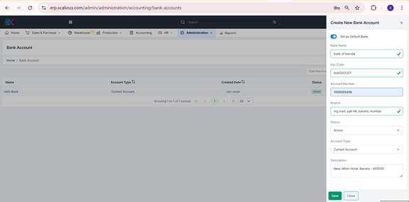 Setting up a bank account in the accounting module.